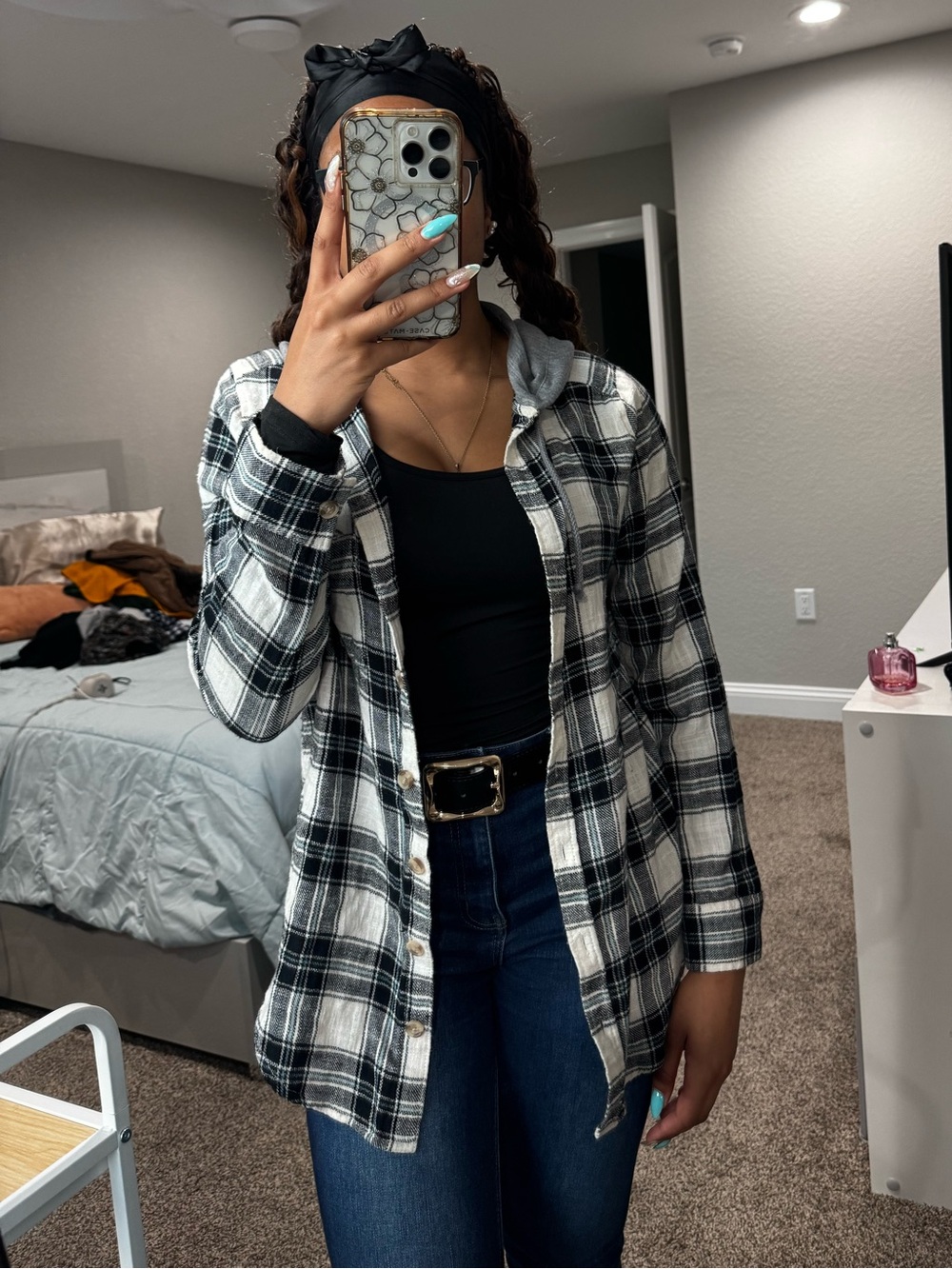 SO Clothing white, gray and black hooded longsleeve flannel